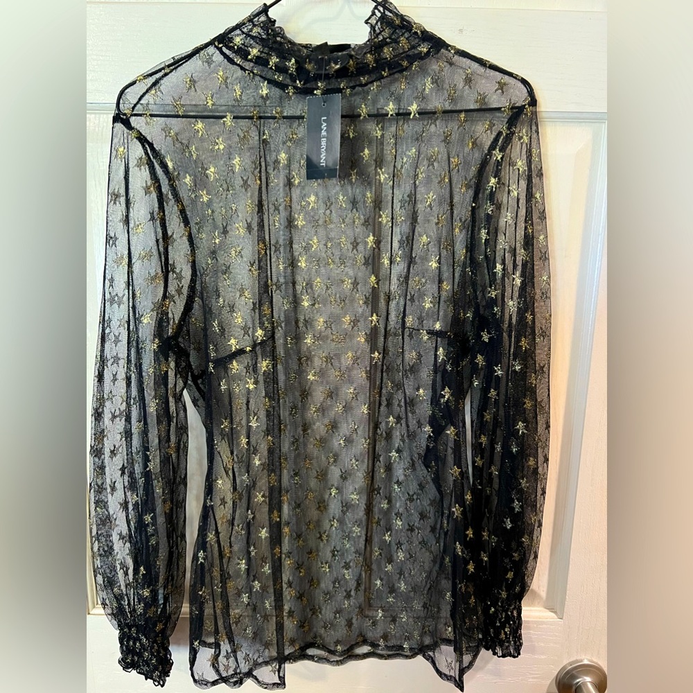 Lane Bryant size 14/16 NWT, Black see threw long sleeved top with gold stars.